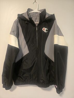 Champion Black, Gray & White Colorblock Hooded Rain Jacket